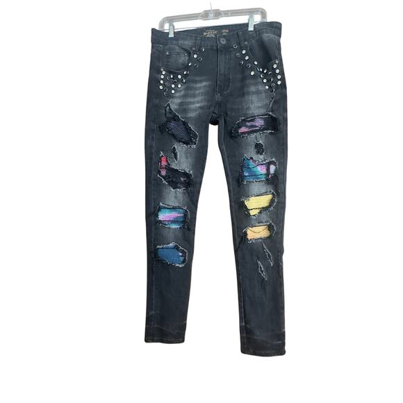 Men’s Moto skinny ripped inlaid embellished mid rise Majestik jeans distressed